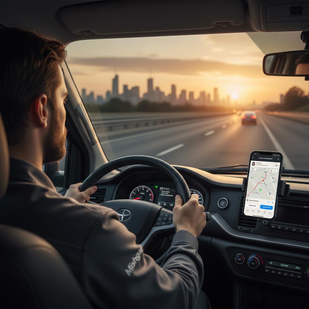Professional driver using Mishgar driver management system on mobile device