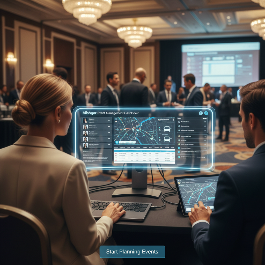 Event planner coordinating transportation using Mishgar event transportation platform